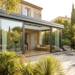 Véranda moderne en aluminium accolée à une maison, baies vitrées, jardin ensoleillé