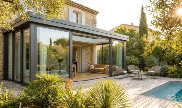 Véranda moderne en aluminium accolée à une maison, baies vitrées, jardin ensoleillé