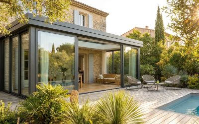 Véranda moderne en aluminium accolée à une maison, baies vitrées, jardin ensoleillé